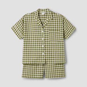 Piglet in Bed, Botanical Green Gingham Pajama Short Set, size small (S), linen